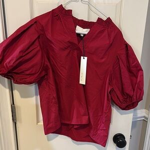 Pinch Red Puff Sleeve Blouse with Mandarin Collar